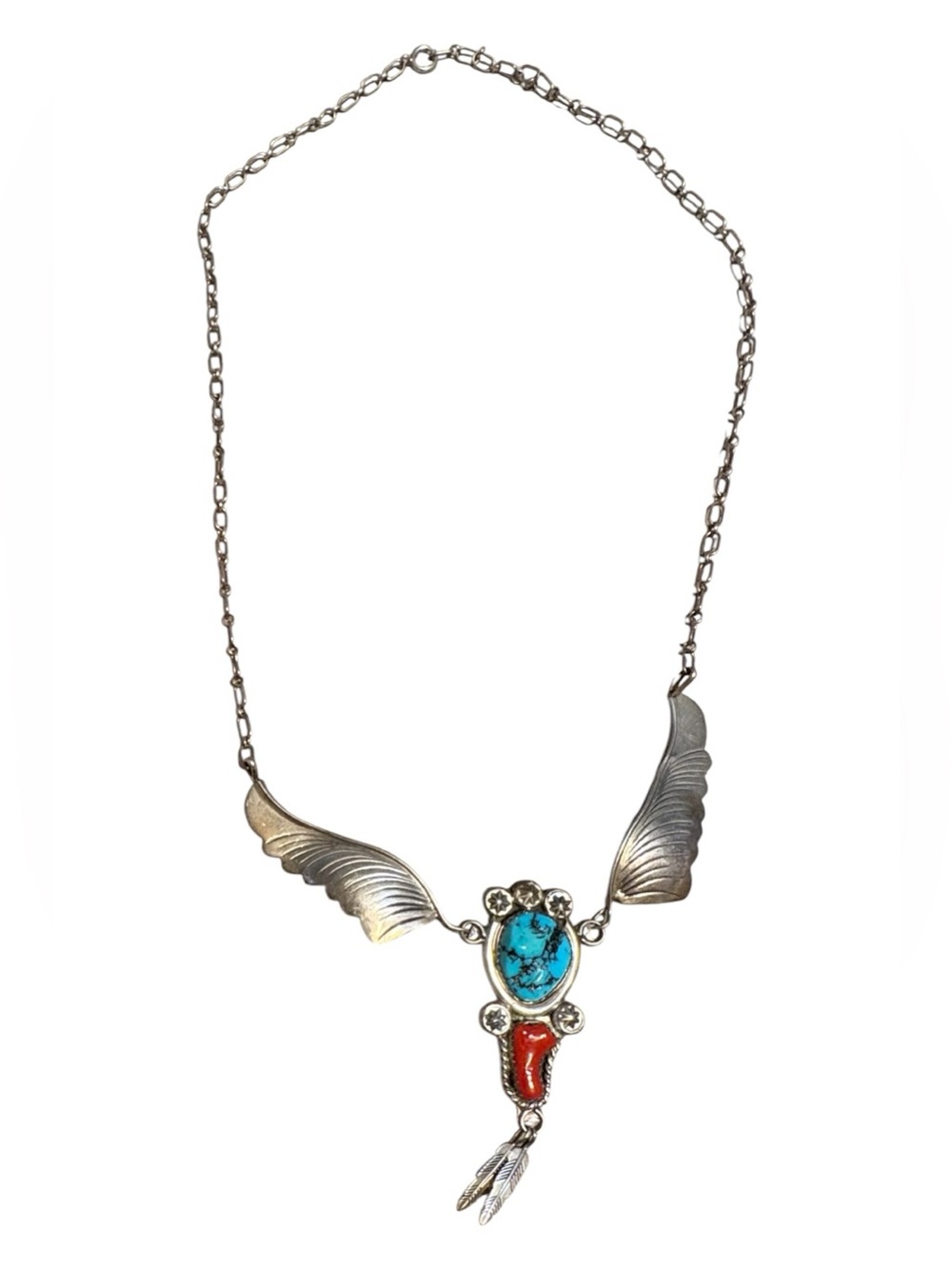 Vintage Sterling Silver Signed Winged Turquoise & Red Coral Necklace